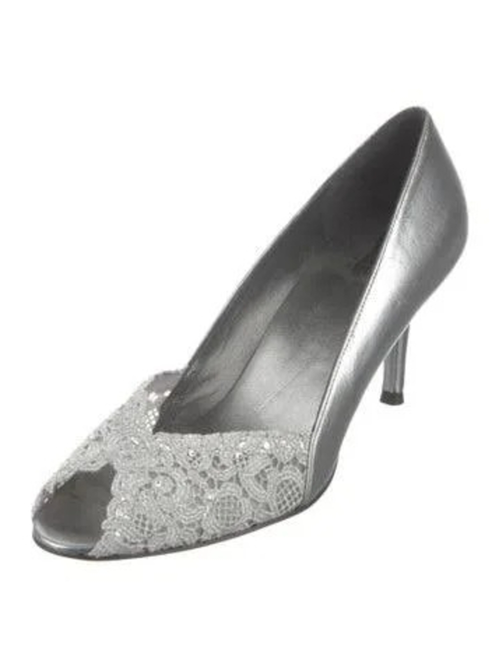 Stuart Weitzman Silver Lace Peep-Toe Heel